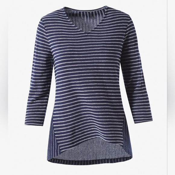 Chico's Blue Spliced Stripe High Low 3/4 Sleeve Top Women Size Extra Large XL - Picture 11 of 11